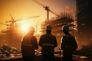 Double exposure of Engineer and Architect working on construction site with sunset background. ai generated pro photo