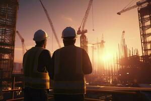 Double exposure of Engineer and Architect working on construction site with sunset background. ai generated pro photo