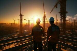 doble exposición de ingeniero y arquitecto trabajando en construcción sitio con puesta de sol antecedentes. ai generado Pro foto