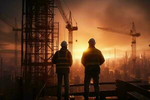Double exposure of Engineer and Architect working on construction site with sunset background. ai generated pro photo