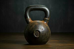 Kettlebell in a fitness room. Kettlebell on the floor. Sport equipment. Fitness concept. Ai generated pro photo