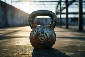 Kettlebell in a fitness room. Kettlebell on the floor. Sport equipment. Fitness concept. Ai generated pro photo