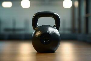 Kettlebell in a fitness room. Kettlebell on the floor. Sport equipment. Fitness concept. Ai generated pro photo