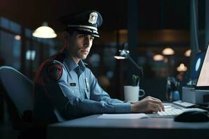 retrato de masculino policía oficial sentado a lugar de trabajo. ai generado Pro foto