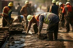 de cerca de construcción equipo. trabajadores a el la carretera construcción sitio tendido asfalto en un nuevo la carretera. ai generado Pro foto