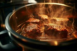 Close up of beef steaks being grilled on barbecue grill with smoke, Grilled beef steaks on a barbecue grill. Shallow depth of field. ai generated pro photo
