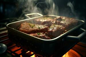 Close up of beef steaks being grilled on barbecue grill with smoke, Grilled beef steaks on a barbecue grill. Shallow depth of field. ai generated pro photo