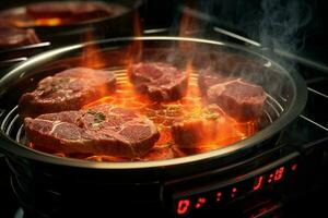 Close up of beef steaks being grilled on barbecue grill with smoke, Grilled beef steaks on a barbecue grill. Shallow depth of field. ai generated pro photo