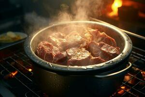 Close up of beef steaks being grilled on barbecue grill with smoke, Grilled beef steaks on a barbecue grill. Shallow depth of field. ai generated pro photo