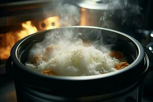 Cooking rice in hot pot with steam on stove, closeup. ai generated pro photo