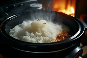 Cocinando arroz en caliente maceta con vapor en cocina, de cerca. ai generado Pro foto