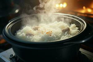 Cooking rice in hot pot with steam on stove, closeup. ai generated pro photo