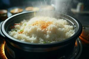 Cooking rice in hot pot with steam on stove, closeup. ai generated pro photo