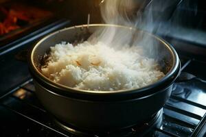 Cooking rice in hot pot with steam on stove, closeup. ai generated pro photo