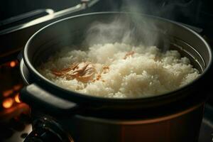 Cooking rice in hot pot with steam on stove, closeup. ai generated pro photo