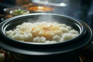 Cooking rice in hot pot with steam on stove, closeup. ai generated pro photo