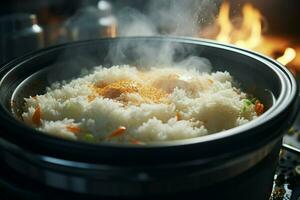 Cooking rice in hot pot with steam on stove, closeup. ai generated pro photo