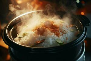 Cooking rice in hot pot with steam on stove, closeup. ai generated pro photo