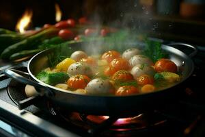 Vegetable stew in a pot on the fire, close-up. ai generated pro photo