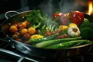 Vegetable stew in a pot on the fire, close-up. ai generated pro photo