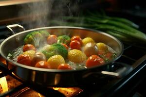 Vegetable stew in a pot on the fire, close-up. ai generated pro photo