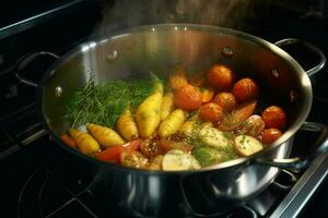 Vegetable stew in a pot on the fire, close-up. ai generated pro photo