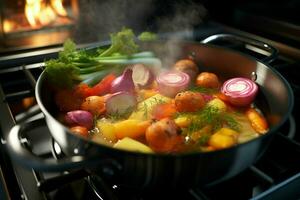 Vegetable stew in a pot on the fire, close-up. ai generated pro photo