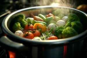 Vegetable stew in a pot on the fire, close-up. ai generated pro photo