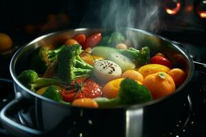 Vegetable stew in a pot on the fire, close-up. ai generated pro photo