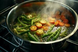 Vegetable stew in a pot on the fire, close-up. ai generated pro photo