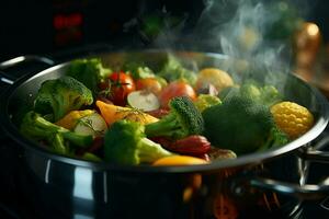 Vegetable stew in a pot on the fire, close-up. ai generated pro photo