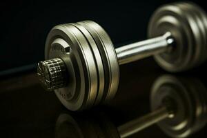Dumbbells on a table in a gym. Selective focus. Toned. ai generated pro photo