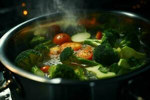 Vegetable stew in a pot on the fire, close-up. ai generated pro photo