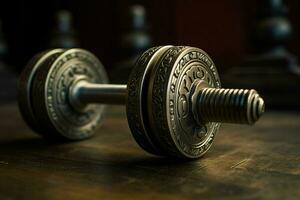 Dumbbells on a table in a gym. Selective focus. Toned. ai generated pro photo