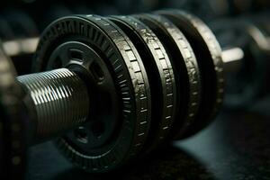 Dumbbells on a table in a gym. Selective focus. Toned. ai generated pro photo