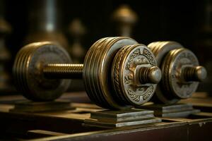 Dumbbells on a table in a gym. Selective focus. Toned. ai generated pro photo