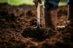 jardinería herramientas en fértil suelo antecedentes. jardinería y agricultura concepto. ai generado Pro foto