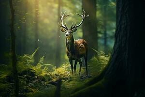 majestuoso rojo ciervo ciervo en el bosque. hermosa salvaje ciervo en el bosque. fauna silvestre escena desde naturaleza. ai generado Pro foto