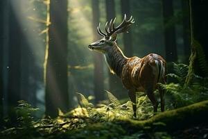 Majestic red deer stag in the forest. Beautiful wild deer in the forest. Wildlife scene from nature. ai generated pro photo