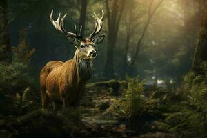 majestuoso rojo ciervo ciervo en el bosque. hermosa salvaje ciervo en el bosque. fauna silvestre escena desde naturaleza. ai generado Pro foto