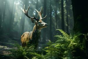 majestuoso rojo ciervo ciervo en el bosque. hermosa salvaje ciervo en el bosque. fauna silvestre escena desde naturaleza. ai generado Pro foto