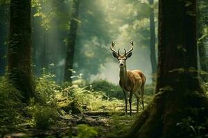 majestuoso rojo ciervo ciervo en el bosque. hermosa salvaje ciervo en el bosque. fauna silvestre escena desde naturaleza. ai generado Pro foto