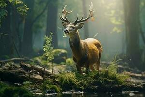 majestuoso rojo ciervo ciervo en el bosque. hermosa salvaje ciervo en el bosque. fauna silvestre escena desde naturaleza. ai generado Pro foto