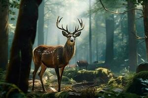 Majestic red deer stag in the forest. Beautiful wild deer in the forest. Wildlife scene from nature. ai generated pro photo