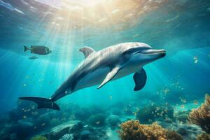 Dolphin swimming in the ocean. 3d rendering. Underwater world. ai generated pro photo