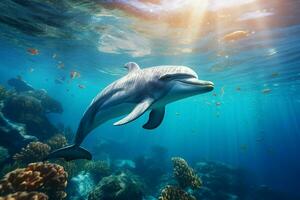 Dolphin swimming in the ocean. 3d rendering. Underwater world. ai generated pro photo