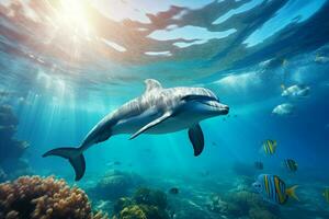 Dolphin swimming in the ocean. 3d rendering. Underwater world. ai generated pro photo