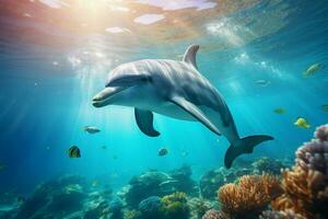 Dolphin swimming in the ocean. 3d rendering. Underwater world. ai generated pro photo