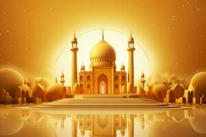 3d illustration of Eid Mubarak background with mosque and golden lanterns. ai generated pro photo