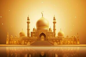 3d illustration of Eid Mubarak background with mosque and golden lanterns. ai generated pro photo